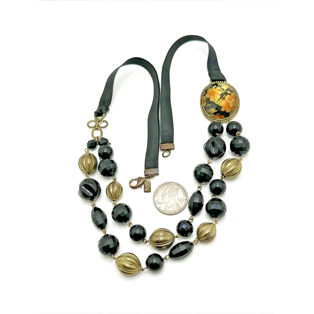 1928 Brand Black Gold Bead Necklace Faceted Floral Cabochon Ribbon Statement 24
